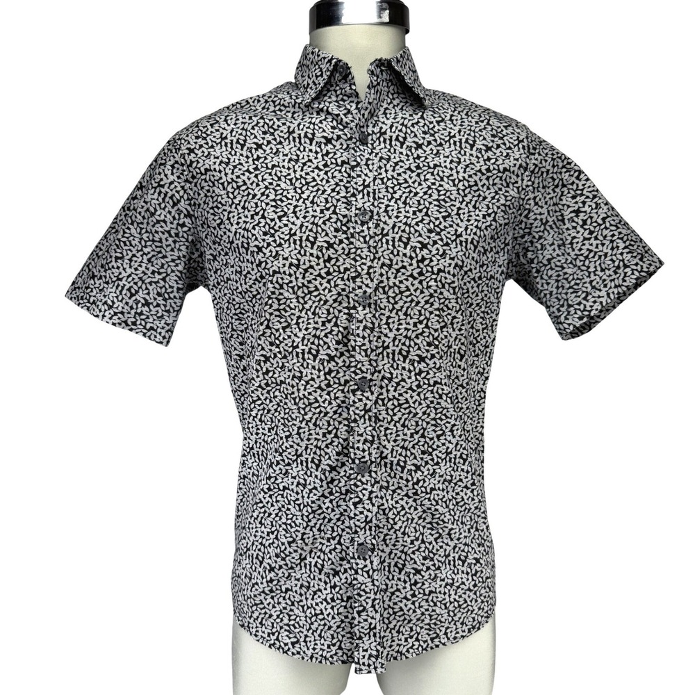 MICHAEL KORS‎ Slim Fit Leaf Print Stretch Cotton Short Sleeve Black Gray Shirt S